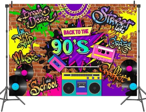 Miniatura 6 de Telón de fondo de fotografía de 7 x 5 pies de los años 90, Hip Hop Back to The 90, pared de ladrillo de graffiti, telón de fondo retro para fotos