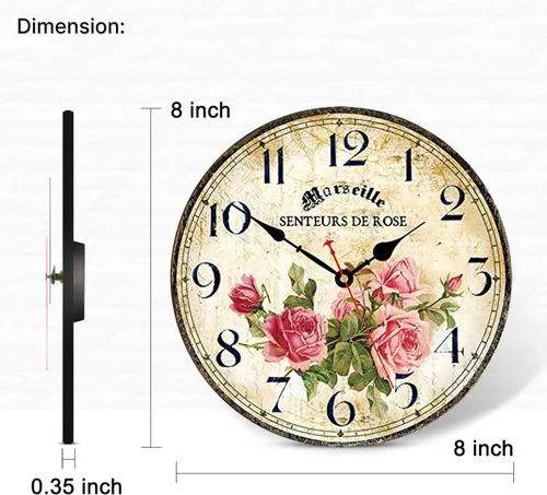 Miniatura 3 de Reloj de Pared Floral Francés Vintage con Patrón de Rosas Rosadas Pequeño Redondo Silencioso Sin Tictac Movimiento de Cuarzo de 8 Pulgadas Relojes