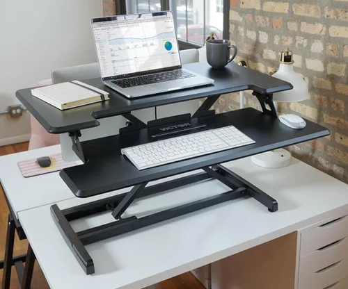 Miniatura 2 de Victor DCX610 Escritorio de pie compacto de altura ajustable Negro Escritorio de 33 pulgadas de ancho para monitor dual y estación de trabajo