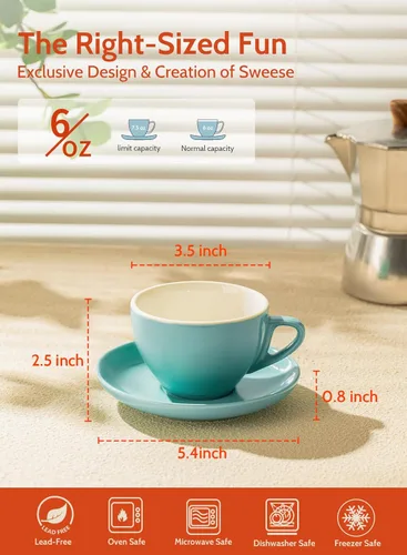 Miniatura 5 de Sweese - Tazas de porcelana con platillos (6 unidades), varios