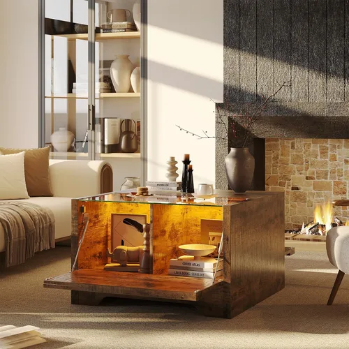 Miniatura 3 de Bestier Mesa de centro de granja de 31.5 pulgadas con almacenamiento, mesas de centro cuadradas LED para sala de estar, mesa central de madera