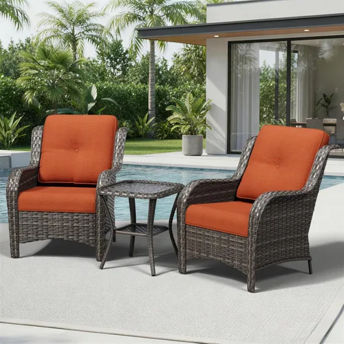 Miniatura 6 de Joyside Juego de sillas de mimbre para patio, juego de 3 piezas de mimbre para exteriores con 2 sillas reposabrazos y 1 mesa auxiliar para terraza