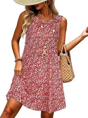 Miniatura 8 de elescat Vestidos de verano para mujer 2025, vestido casual de playa sin mangas con estampado floral, tipo camiseta, suelto y con bolsillos