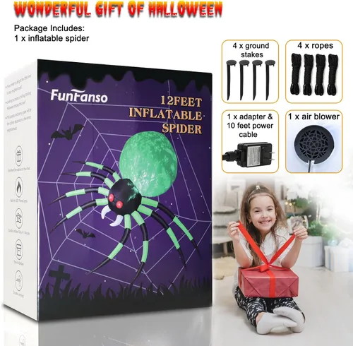 Miniatura 6 de Araña inflable de Halloween de 12 pies, decoración al aire libre, araña gigante con luces de llama y ojos rojos brillantes, accesorios de araña