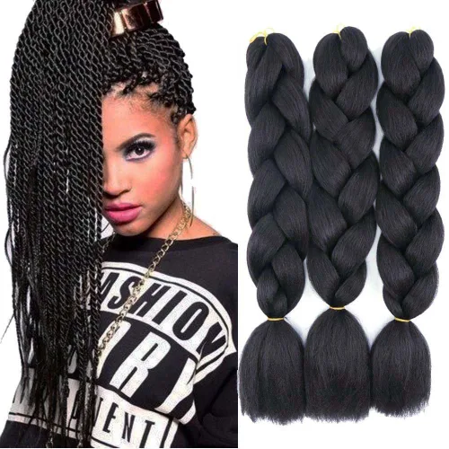 Extensiones de cabello de trenzas jumbo, 3 unidades, color negro puro, 24 pulgadas, 3.53 oz/unidad para trenzado de caja torcida (1B negro)