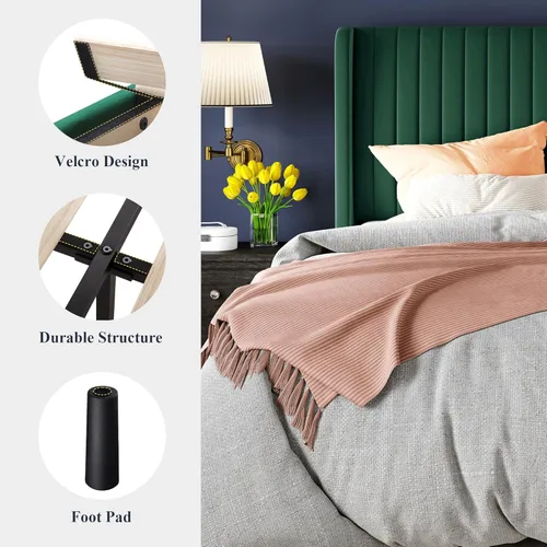 Miniatura 8 de Allewie Marco de cama de tamaño matrimonial/plataforma tapizada de terciopelo, cabecero con alas capitoné de canal vertical/listones de madera Verde