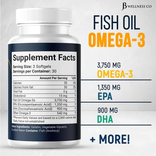 Miniatura 2 de Aceite de pescado Omega 3 Triple Strength 3750 mg - EPA y DHA - Más de 3000 mg de ácidos grasos omega-3 - 1350 mg EPA + 900 mg DHA - Los mejores