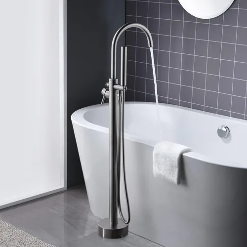 Miniatura 3 de Grifo de Bañera Independiente Relleno de Tina Grifo de Bañera de Montaje en Piso de Níquel Cepillado Manija Única Grifo de Latón con Ducha de Mano