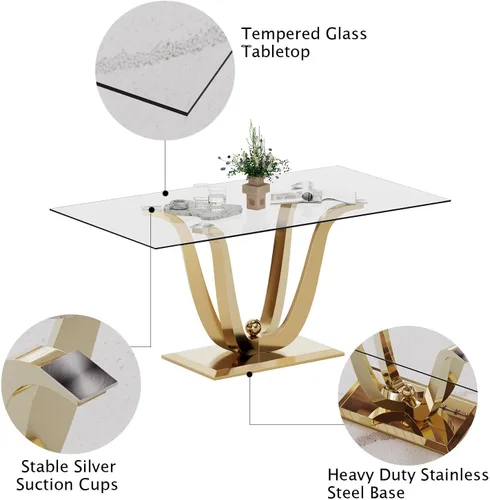 Miniatura 5 de Mesa de comedor de vidrio de 70 pulgadas para 4-8 personas, parte superior de vidrio templado y base de acero inoxidable en U dorada, escritorio