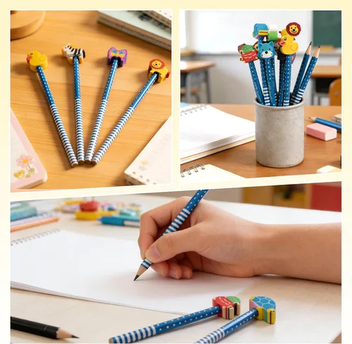 Miniatura 4 de Paquete de 50 lápices de animales de dibujos animados con borradores, lápices divertidos azules para niños, lindo juego de lápices y borradores