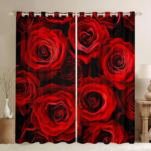Cortinas de ventana con rosas rojas para dormitorio, cortinas florales de color rojo degradado y negro para niñas, mujeres, niños, adolescentes,