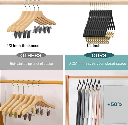 Miniatura 3 de 20 perchas ultra finas de lujo de 16.5 pulgadas para faldas de madera negra que ahorran espacio, gancho giratorio de 360 grados, lo mejor