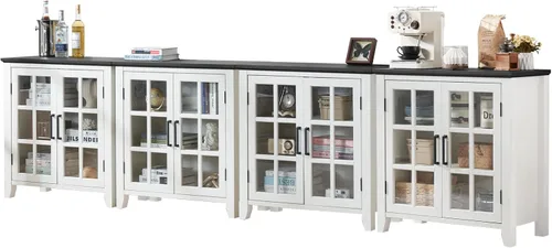 Miniatura 9 de Aparador Grande Buffet con Almacenamiento, 32" Mueble de Cocina Estilo Granja Azul Marino para Café y Vino con 2 Puertas de Vidrio, Mesa Aparador