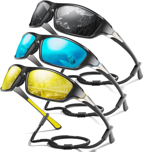 Miniatura 17 de Paquete de 3 lentes de sol deportivos polarizados para hombres, gafas de sol masculinas envolventes con protección UV para ciclismo, pesca