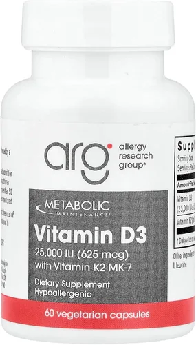 Suplementos de vitamina D3 y K2 de mantenimiento metabólico - Suplemento de vitamina D con 25,000 UI - Apoya la salud y la densidad ósea - Contiene
