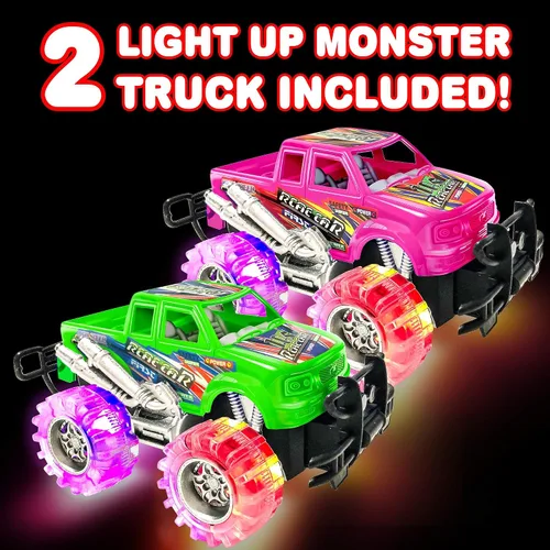 Miniatura 4 de ArtCreativity Juego de camión monstruo con luz rosa y verde para niños y niñas, el juego incluye 2 camiones monstruo de 6 pulgadas con hermosos