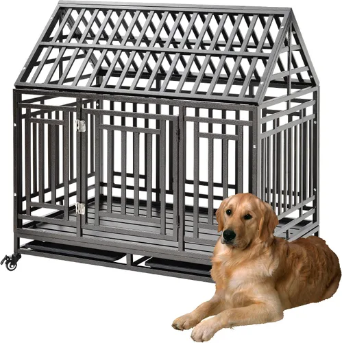 Miniatura 6 de Jaula para perros de alta resistencia, corralito de metal grande y fuerte para perros grandes y medianos con cuatro cerraduras resistentes y cuatro
