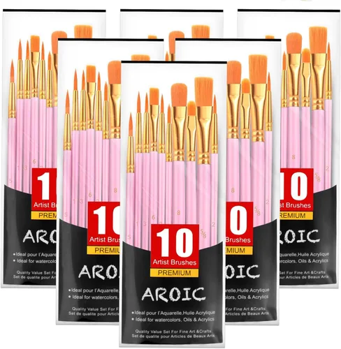 AROIC Pinceles de pintura acrílica, 6 paquetes/60 piezas, juego de pinceles de nailon para pintura al óleo para acuarela, kits profesionales de Rosa