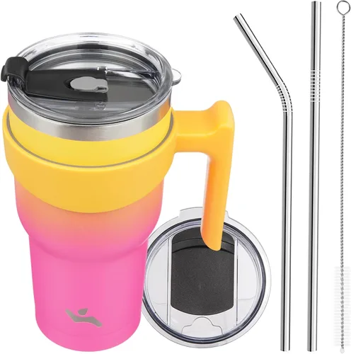 Miniatura 12 de Konokyo - Vaso de 10 onzas con asa y 2 popotes, 2 tapas, botella de agua aislada de acero inoxidable, taza de viaje reutilizable, color verde militar