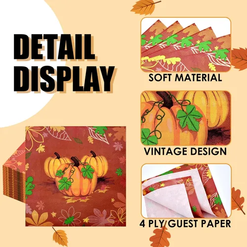 Miniatura 3 de Paquete de 40 servilletas de papel para el día de Acción de Gracias, 13 x 13 pulgadas, servilletas desechables de calabaza, vajilla de almuerzo