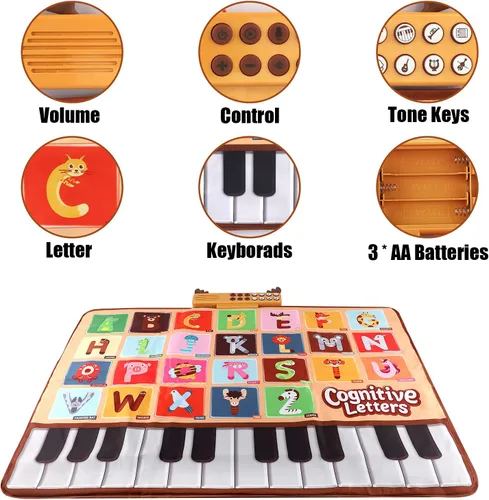 Miniatura 3 de Bluejay Alfombrilla de piano para bebé, teclado musical, juguetes de aprendizaje con 26 letras, música electrónica con tacto de animales, juguetes