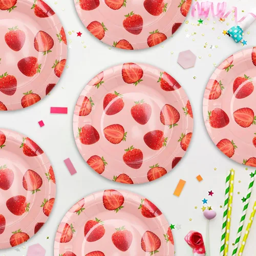 Miniatura 6 de 120 platos de papel de fresa de 7 pulgadas, platos de postre desechables decorativos para fiestas, platos de fiesta de fresas a granel