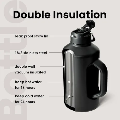 Miniatura 4 de BOTTLE BOTTLE Botella de agua aislada de 64 onzas con popote y tapa de doble uso, jarra de medio galón para hombres con asa, botella de agua de Negro