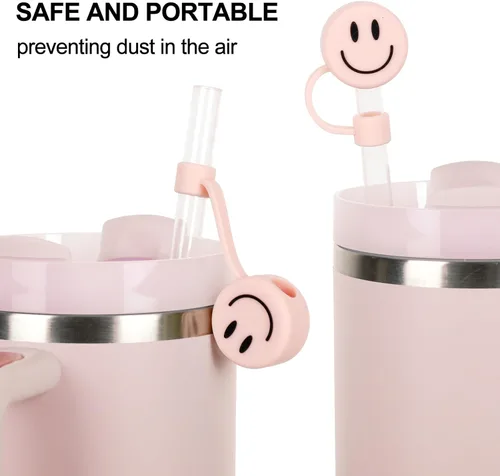 Miniatura 6 de Whaline 6 fundas de cara sonriente, color rosa claro, doble cara, con patrón de punta de 0.4 pulgadas, de silicona, reutilizable, redondo, para vaso