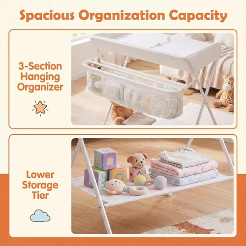 Miniatura 7 de HONEY JOY Cambiador, organizador plegable para guardería con estante abierto y cinturón de seguridad, estación de cambio de pañales portátil