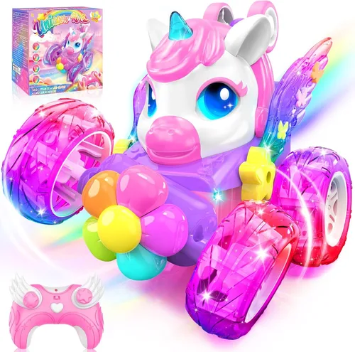 Coches RC de unicornio para niñas, juguetes con alas de cristal brillantes y luces de ojos, rotación de 360°, auto de acrobacias de unicornio rosa,
