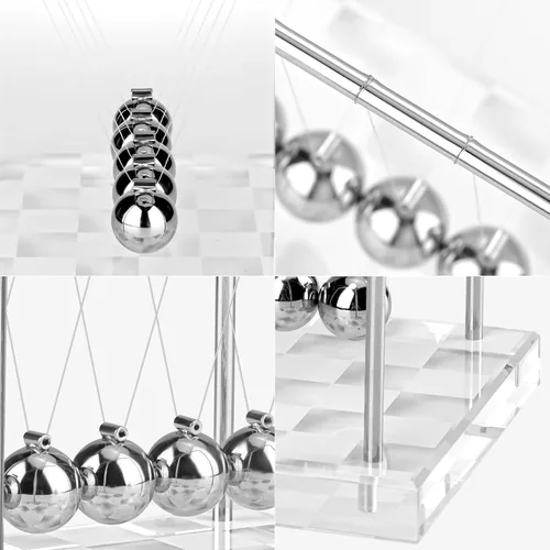 Miniatura 4 de Péndulo de Newton con Bolas de Equilibrio, Péndulo Clásico de Newton con Base de Tablero de Ajedrez Plateado y Blanco, Gadget de Física Científica