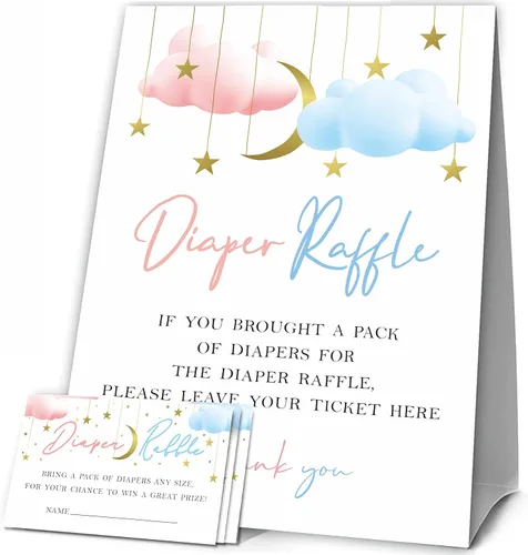 Juegos de baby shower, 1 letrero de pie para rifas de pañales con 50 boletos para rifas de pañales, estrellita centelleante, luna dorada y