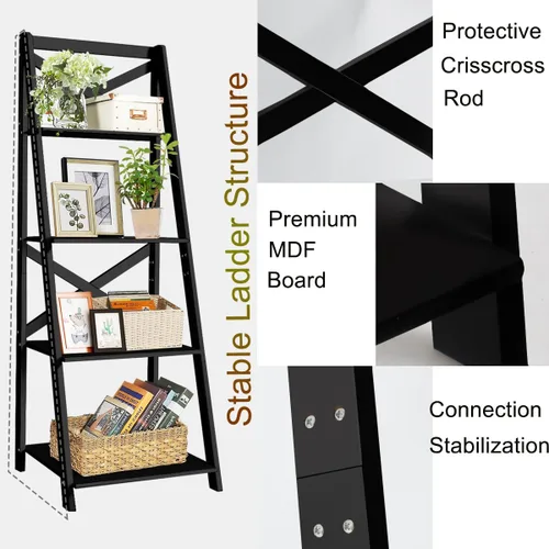 Miniatura 5 de Estantería de escalera de 4 niveles, estante de exhibición de plantas inclinadas, estantería moderna de madera para decoración de madera, estantes
