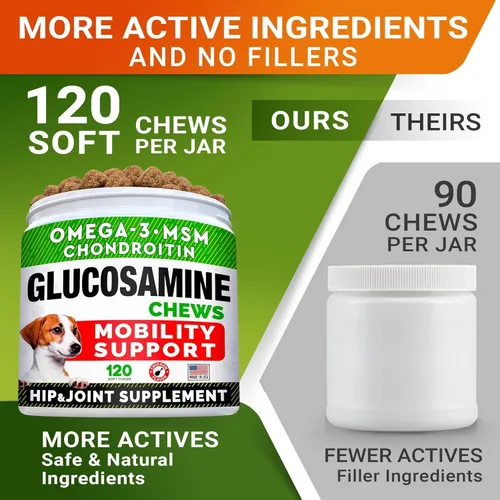 Miniatura 3 de Golosinas de glucosamina para perros, suplemento para articulaciones con aceite de pescado omega-3, condroitina, MSM, masticables de movilidad