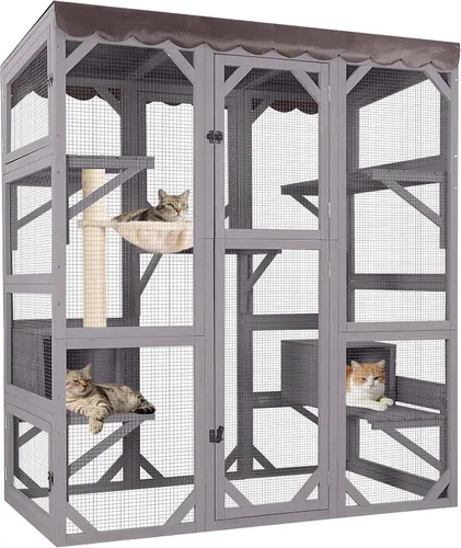 Aivituvin Catio - Recinto para gatos al aire libre con 7 plataformas, 2 cajas de descanso, casa para gatos con ventana grande para 4-6 gatos Gris