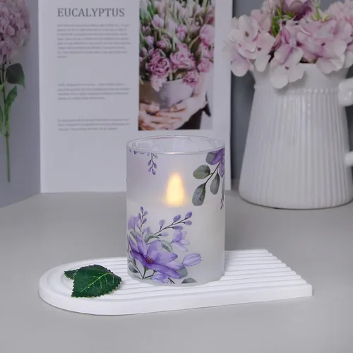 Miniatura 2 de Velas de cristal sin llama parpadeantes con control remoto y temporizador, flores púrpuras LED operadas por batería, cera real, juego de 3 velas