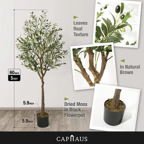 Miniatura 2 de CAPHAUS Árbol de olivo artificial de 5 pies y 60 pulgadas, planta sintética en maceta, rama de olivo sintético y fruta, árbol topiario falso