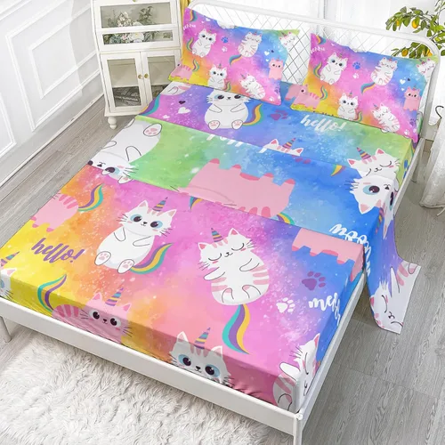 Miniatura 37 de Axolotl Juego de sábanas de gato negro de dibujos animados tamaño full, diseño de estrellas y luna impreso, ropa de cama para niños para decoración