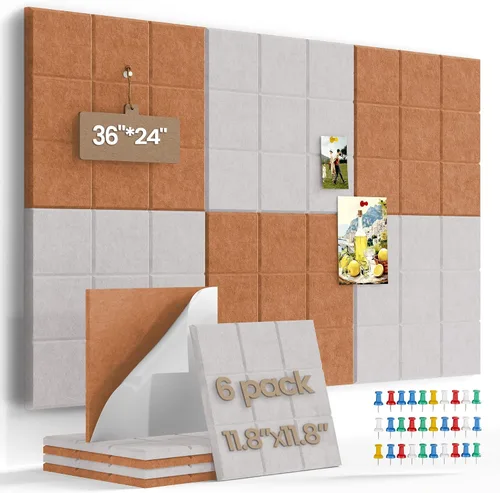 Miniatura 21 de Pizarra de corcho grande para paredes con 30 pasadores, 11.8 x 11.8 pulgadas, paquete de 6 tablones de anuncios para oficina en casa, cocina, tablón