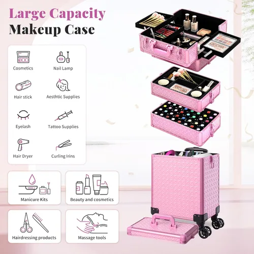 Miniatura 6 de AROUS Estuche de maquillaje rodante 5 en 1, estuche de cosmetología con ruedas, organizador cosmético grande, carro de viaje para estilista