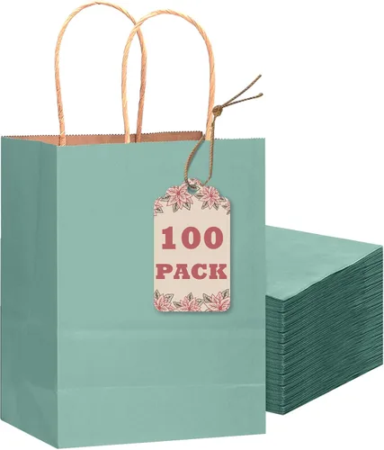 Miniatura 18 de qiqee Bolsas de regalo pequeñas de papel multicolor con asas a granel para fiesta arcoíris - 8.3"x6"x3.15" 100 piezas