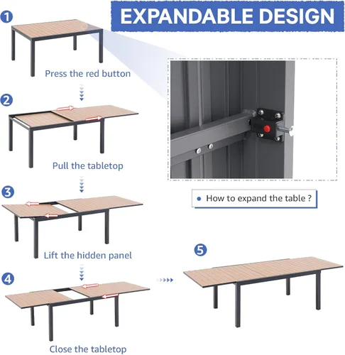 Miniatura 6 de Soleil Jardin Mesa de Comedor Extensible de Aluminio para Patio, 63" - 105", Mesa Rectangular Ajustable para Interiores y Exteriores con Superficie