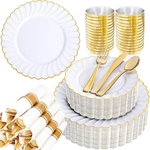Miniatura 19 de YOUBET - 350 piezas de platos de plástico negro y dorado - Juegos de vajilla desechable dorada para 50 invitados - 100 platos de plástico, 150