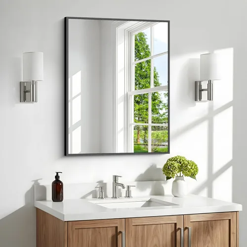 BONEWEI Bathroom Mirror,24x30 inch Wall Mirror for Bathroom Wall Mounted Black Rectangle Square Corner Mirrors,Black Bathroom Mirror for Living