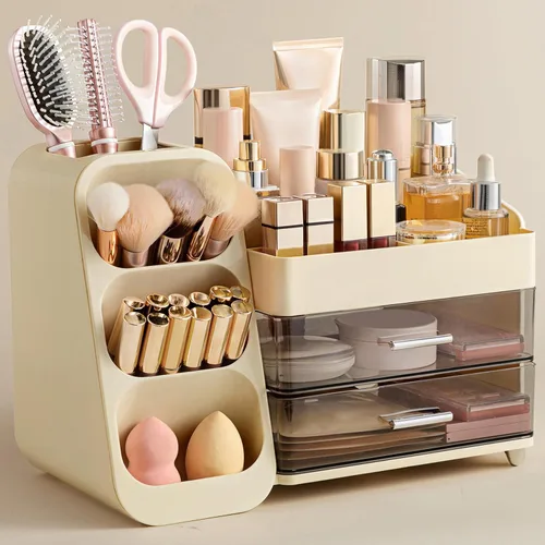 Miniatura 17 de HBlife Organizador de maquillaje con soporte para brochas para tocador, organizador grande de plástico para tocador de baño, almacenamiento