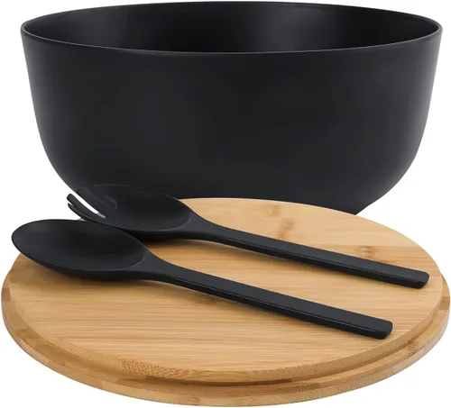 Miniatura 2 de LOVYANXUE - Juego de ensaladera de fibra de bambú con utensilios para servir de gran tamaño de 9.8 pulgadas, juego de mezcla de bambú natural