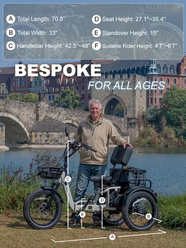 Miniatura 8 de Full Suspension Folding Electric Tricycle for Adults, Aluminum Alloy, Torque Sensor, 20MPH 100Miles 20×3 inch Fat Tire Electric Trike, 1200W 48V