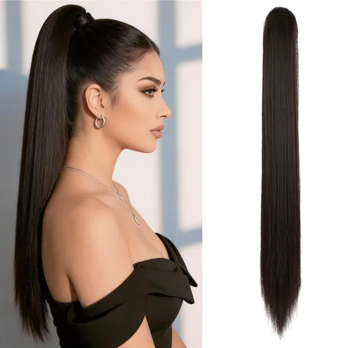 Miniatura 24 de Felendy Extensión de cola de caballo de 18 pulgadas, mezcla de rubio ceniza, marrón oscuro, rizado, ondulado, con clip, extensiones de cabello largo