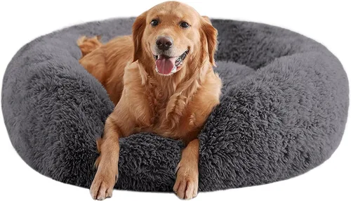 Miniatura 14 de Camas calmantes para perros grandes, cama para perros acolchonada de dona de piel sintética, almohada redonda y esponjosa, cama lavable para Marrón