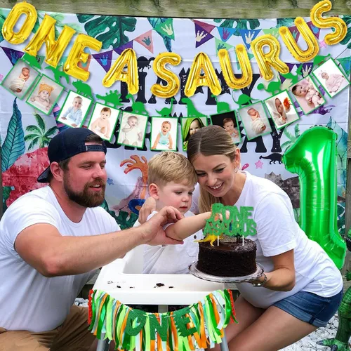 Miniatura 4 de Sursurprise Decoraciones de cumpleaños de One a Saurus, suministros de fiesta de primer cumpleaños de dinosaurio con globos, pancarta para silla